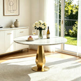 SSLine Round White Faux Marble Dining Table for 4-6 with Diamond Gold Base