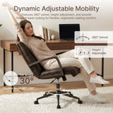 KISLOT Home Office Desk Chair, Ergonomic Office Chair with Square-Patterned Leather Upholstery, Adjustable Swivel Computer Chair with Wood Arms & Wheels, Soft-Rounded Front Edge, Espresso