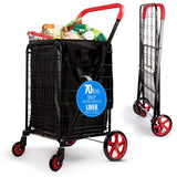 SereneLife Small Compact Folding Shopping Cart with Removable Waterproof Liner – 360° Swivel Wheels, Rust‑Proof Steel Frame (Red)