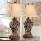 Traditional Table Lamps 32.5" Tall Set of 2 Bronze Brown Carved Leaf Openwork Vase Tan Rectangular Shade Decor Barnes and Ivy