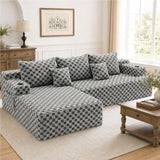 96.8" Boneless Couch Cloud Modular Sectional Sofa with L Shaped Chaise, Modern Corduroy Upholstered Deep Seat Couches Lounge with 5 Pillows for Living Room Bedroom(Gray, Checked, Left Facing Chaise)