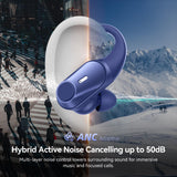 Active Noise Cancelling Ear Buds Wireless Bluetooth Headphones 80H Playtime Display Charging Case 50dB ANC Over Ear Hooks Earbuds with Hi-Res Sound & Clear Calls for Sports Running Gym Workout Blue