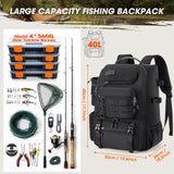 RAINSMORE 40L Fishing Backpack with Rod Holders & Cooler Compartment Water-Resistant Fishing Tackle Backpack with Rain Cover, Fits 4 x 3600 Boxes, Outdoor Gear Pack for Fishing & Camping