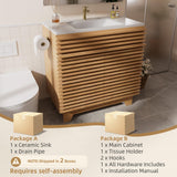 VNN 32 Inch Bathroom Vanity with Ceramic Sink - Freestanding Modern Bathroom Storage Vanity Cabinet with Fluted Design, Soft-Close Doors, Shelves, Toilet Paper Holder & Towel Hooks, Natural Oak