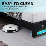 Holiway Full Size Bed Frame with LED Lights and Charging Station, Wingback Upholstered Headboard with Diamond Tufted, Solid Wooden Slats Support, Noise-Free, Easy Assembly, Black