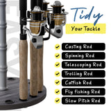 Rush Creek Creations 16-Rod Round Fishing Rod Holder for Garage, 360° Access Fishing Pole Holder for Fishing Rods, Reels, and Gear, Securely Holds 16 Rods, Barnwood