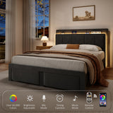 nesture. Queen Storage Bed Frame, Upholstered Platform Bed with 2 Drawers, Velvet Vertical Tufted Headboard with LED Lights and Charging Station, Wood Slats Support, No Box Spring Needed, Matte Black