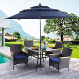 PHI VILLA 5pc Patio Dining Set with Umbrella, Square Table, Rattan Chairs