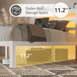 HAY.com Twin Size Bed Frame with LED Light & Charging Station, Metal Platform Bed with Storage Headboard & Under-Bed Storage, Heavy Duty Slats Support, No Box Spring Needed, Noise-Free, White