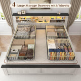 EnHomee King Size Bed Frame and Headboard & Storage, 4 Drawers and LED Built in Charging Station with Storage Farmhouse,Noise-Free,No Box Spring Needed,White