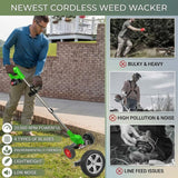 21V Cordless Weed Wacker with Wheels, 3-in-1 Electric String Trimmer, Lawn Edger & Brush Cutter, Includes 2x2.0Ah Batteries & 3 Blades, Lightweight Adjustable Trimmer for Thick Weeds & Small Yards