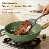 Kitchen Academy Non Toxic Pots and Pans Set Non Stick - 12 Piece Induction Cookware Sets, Green Granite Nonstick Cooking Pot and Pan, PFOA&PFOS Free