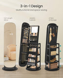 SONGMICS LED Jewelry Cabinet, 360° Swivel Jewelry Organizer, Lockable Mirror Jewelry Cabinet Standing, Rounded Wide Full-Length Mirror with Storage Shelves, Interior Mirror, Ebony Black UJJC036B01