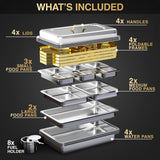 Gold Chafing Dishes for Buffet 4 Pack (7 Pans + Utensils) - 9QT Stainless Steel Chafing Dish Buffet Set - Food Warmers for Parties Buffet - Buffet Servers and Warmers (4 PACK + 7 PANS + 7 UTENSILS)
