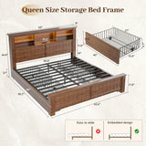 EnHomee Queen Bed Frame with 4 Storage Drawers and Headboard,LED Lights & Charging Ports,Wooden,No Box Spring Needed for Apartment,Heavy-Duty Structure,Noise-Free,Brown