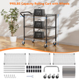 NTE 3 Tier Heavy Duty Utility Cart on Wheels, 990Lbs Rolling Wire Cart