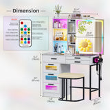 MDGC RGB Vanity Desk with Sliding Mirror and Lights,Glass Top(White
