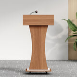 Wooden Podium Stand with Lockable Wheels Modern Presentation Blockboard Lectern Black Walnut Color with Storage Shelves for Office, Church