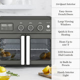 Martha Stewart French Door Air Fryer Toaster Oven Combo, 34QT Countertop Convection, 12-in-1, Bake, Broil, Roast, Fits 12” Pizza, Dehydrate, 5 Accessories, Air Fry Basket, Stainless Steel, Caviar Gray