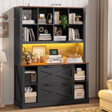 ADORNEVE Tall Farmhouse Bookshelf with Storage Drawers,Black & Walnut