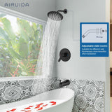 Airuida Shower Faucet Set with Tub Spout,Bathtub Faucet Set Complete,Round Rainfall Shower Head,Tub and Shower Trim Kit with Solid Brass Rough-In Valve,6 Inch-Matte Black