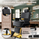 Felivine Reclining Barber Chair, Heavy Duty Hydraulic Barber Chair for Barbershop, Barber Salon Chairs with Vertical Stitch PU Leather, Adjustable Headrest & Footrest, 360° Swivel, Black and Gold