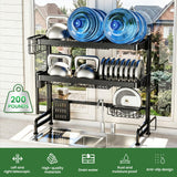 Over The Sink Dish Drying Rack, Adjustable 3 Tier Large Capacity Stainless Steel Drainer with Cutlery/Utensil/Cup Holder Hooks, Kitchen Storage & Organization, 25"-38" L x 11" W x 37.5" H, Black