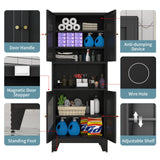 XIUSVON 69" Tall Metal Pantry Cabinet with Microwave Stand,Microwave Storage Cabinet with 4 Doors & 3 Adjustable Shelves for Kitchen (4doors-Black, 13.78" D x 27.54" W x 68.9" H)
