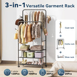 Whitmor Double Rod Clothes Rack: Metal Rolling Clothing Racks for Hanging Clothes, Heavy Duty Garment Rack with 3 Shelves, Portable Clothes Organizer for Bedroom, Laundry, Living Room, Black
