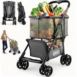 Folding Shopping Cart with Wheels, 80lbs Multi Use Grocery Carts with 360° Wheels & Removable Tote Bag, Black
