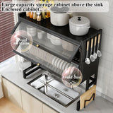 Diodceraic Over The Sink Dish Drying Rack Space-Saving 3 Tier with Cover Dish Rack with Dustproof Cover and Knife Holder Large Capacity Kitchen Organizer for Plates, Bowls, and Pots(Black,65cm)