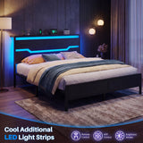 Homkdom King Size Bed Frame with LED Lights & Charging Station, King Bed Frame and Headboard,13" Under Bed Storage, Noise-Free Heavy Duty Metal Support, Modern Black
