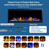 Touchstone Sideline Elite Smart 72” WiFi-Enabled Electric Fireplace - 80038 - in-Wall Recessed - 60 Color Combinations - 1,500W Heater - Black - Log, Crystals & Driftwood