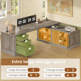 SEDETA Farmhouse L Shaped Desk with Drawers, 70.9" Home Office Desk with Storage Cabinet and Storage Shelves, L Shaped Computer Desk with Power Outlet，Gray