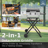 MFSTUDIO Small Portable Propane Griddle, 2 In 1 Gas BBQ Travel Grill with Foldable Stand, Compact and Light Countertop Grills with 2 Burners