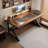 Modern Solid Wood Computer Desk, 55” Light Walnut Home Office Workstation, Simple Farmhouse Style PC Table with Metal Frame for Gaming, Study, and Dining