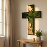 Preserved Moss Cross Wall Art - Rustic Wooden Christian Home Decor & Spiritual Gift, Nature-Inspired Faith Symbol for Modern Farmhouse, Baptism & Housewarming Present - 18'' x 30''