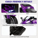 12V Kids Electric Motorcycle, on Car LED Lights, Music Player & Horn with Training Wheels, Pedal, MP3, USB Port, Electric Motorcycle for Kids Children Ages 3+, Gift for Boys & Girls（Purple）