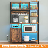 Bigbiglife Bakers Rack with Power Outlet and LED Light, 42.5 inch Industrial Coffee Bar Cabinet with Trash Can Storage Bin Cabinet, Microwave Stand with Storage for Kitchen, Living Room