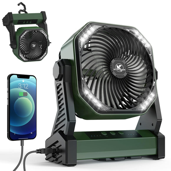 KITWLEMEN Camping Fan with LED Lantern, 20000mAh Rechargeable Battery Operated Outdoor Tent Fan with Light & Hook, 4 Speeds, Personal USB Desk Fan for Camping, Power Outage, Hurricane, Jobsite KITWLEMEN