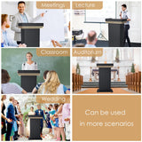 43" Wood Podium Stand with Wheels, Portable Lectern with 3 Levels of Storage