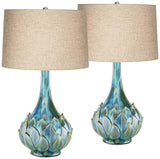Possini Euro Design Kenya 29 1/2" Tall Modern Coastal Tropical End Table Lamps Set of 2 Blue Green Ceramic Beige Shade Living Room Bedroom Bedside Nightstand House Office Home (Colors May Vary)