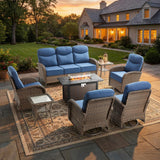 moosprr Luxury Patio Furniture Set with Fire Pit Table, Outdoor Furniture Set with High Back Swivel Chairs & 6-inch Thick Cushions, 8 PCS Fire Pit Patio Set for Yard, Deck, Poolside, Brown/Blue