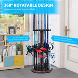 Lnmuzm 360 Degree Rotating Wood Fishing Rod Holder, fishing pole holders for garage up to 16 Fishing Rods, Fishing Gear Equipment Storage Organizer for Garage, Basement, or Shed Round
