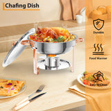5QT Round Chafing Dish Buffet Set – Rose Gold Stainless Steel Catering Warmer with Dome Lid, Frame & Utensils – Stackable Food Server for Weddings, Parties, Dinners (Fuel or Ice Compatible), 2 Pcs.