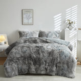 Wajade Faux Fur Plush White Comforter Set Fluffy Fuzzy Shaggy Bedding Set - 3PC Full/Queen Microfiber Soft Warm Quilt Set (Tie Dye Grey White, Full)