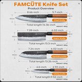 FAMCüTE Japanese Knife Block Set, Hand Forged 5-Layer 9CR18MOV Clad Steel Ultra Sharp Kitchen Knives with Wooden Storage & Rosewood Handle