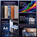 DXZ 2026 Upgraded A4 UV Printer Bundle with Laptop & Laminator, 3D Emboss UV Flatbed Printer with White Ink Mixing System, Direct Printing for Acrylic, Glass, Wood, Phone Cases, A/B Film Included