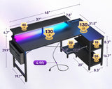 ODK 48 Inch Gaming Desk with USB Charging Ports and LED Lights, Reversible L Shaped Computer Desk with Storage Shelves