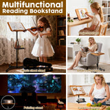 2 in 1 Dual-use Music Stand & Desktop Book Stand, Adjustable Height 16.5"-51", 100% Solid Wood Laptop Floor Stand Book Holder with Elastic Page Clips for Cookbooks (Brown with Tray and Wheels)